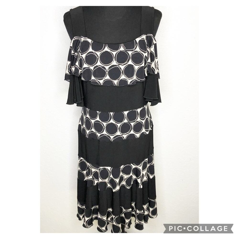 Joseph Ribkoff black cream tiered polka dot cold shoulder dress size 12